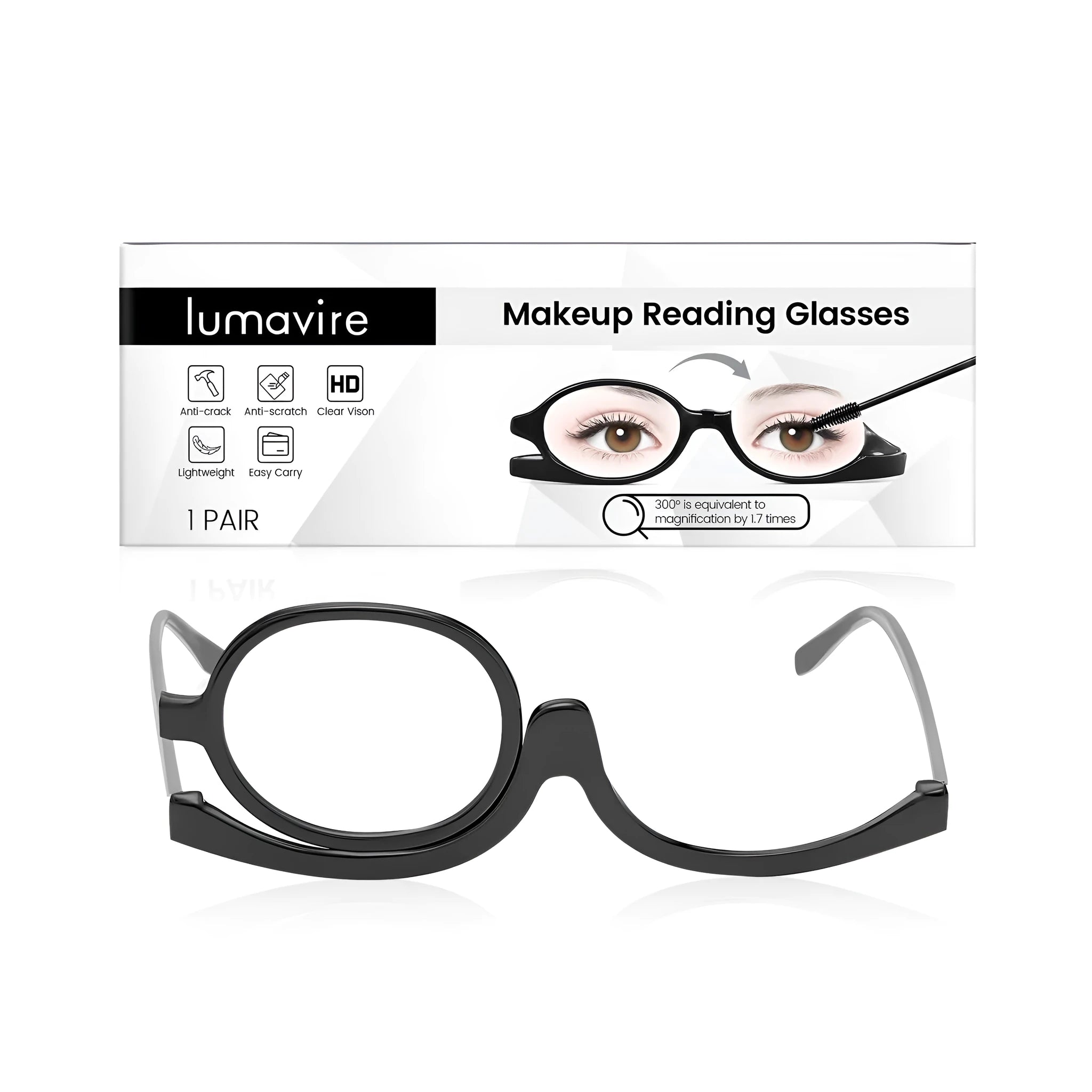 One pair of clear-lens makeup application glasses with a polycarbonate frame.
