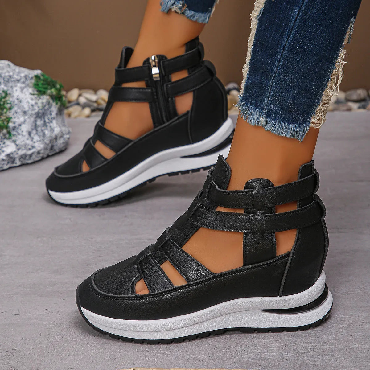 Women's black close-toed platform sandals with hollow-out design and Velcro fastening