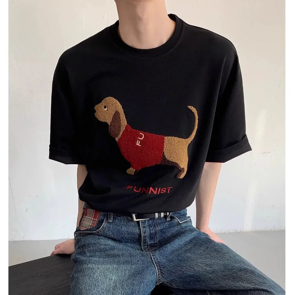 Grey men's round neck T-shirt with an embroidered dachshund dog design on the chest.