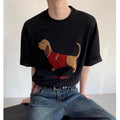 Grey men's round neck T-shirt with an embroidered dachshund dog design on the chest.