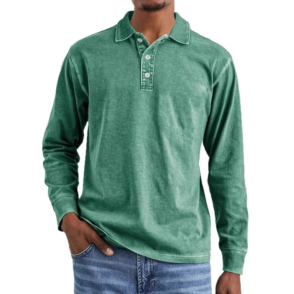 Retro washed distressed cotton long sleeve polo shirt with lapel collar in Army Green