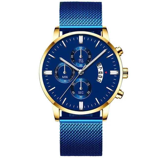 Men's stainless steel mesh band quartz watch with analog display on wrist