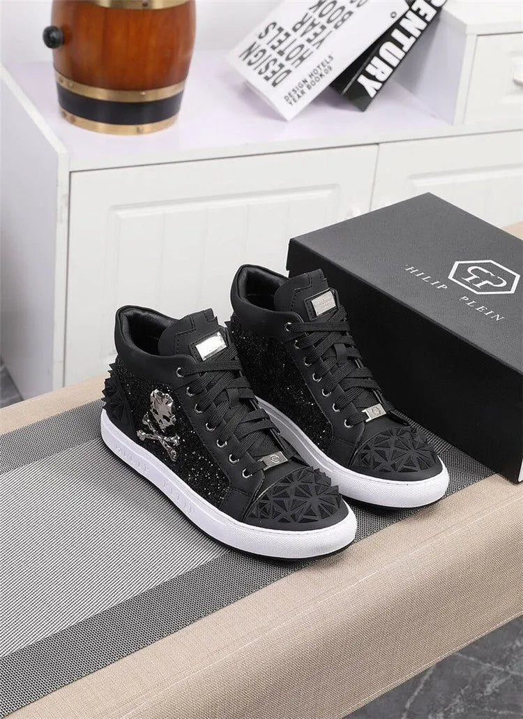 Men's genuine leather high top skeleton shoes with lace-up closure and rubber sole