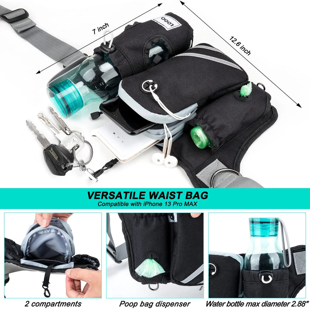 Black waterproof nylon dog walking waist bag set with adjustable leash and matching collar