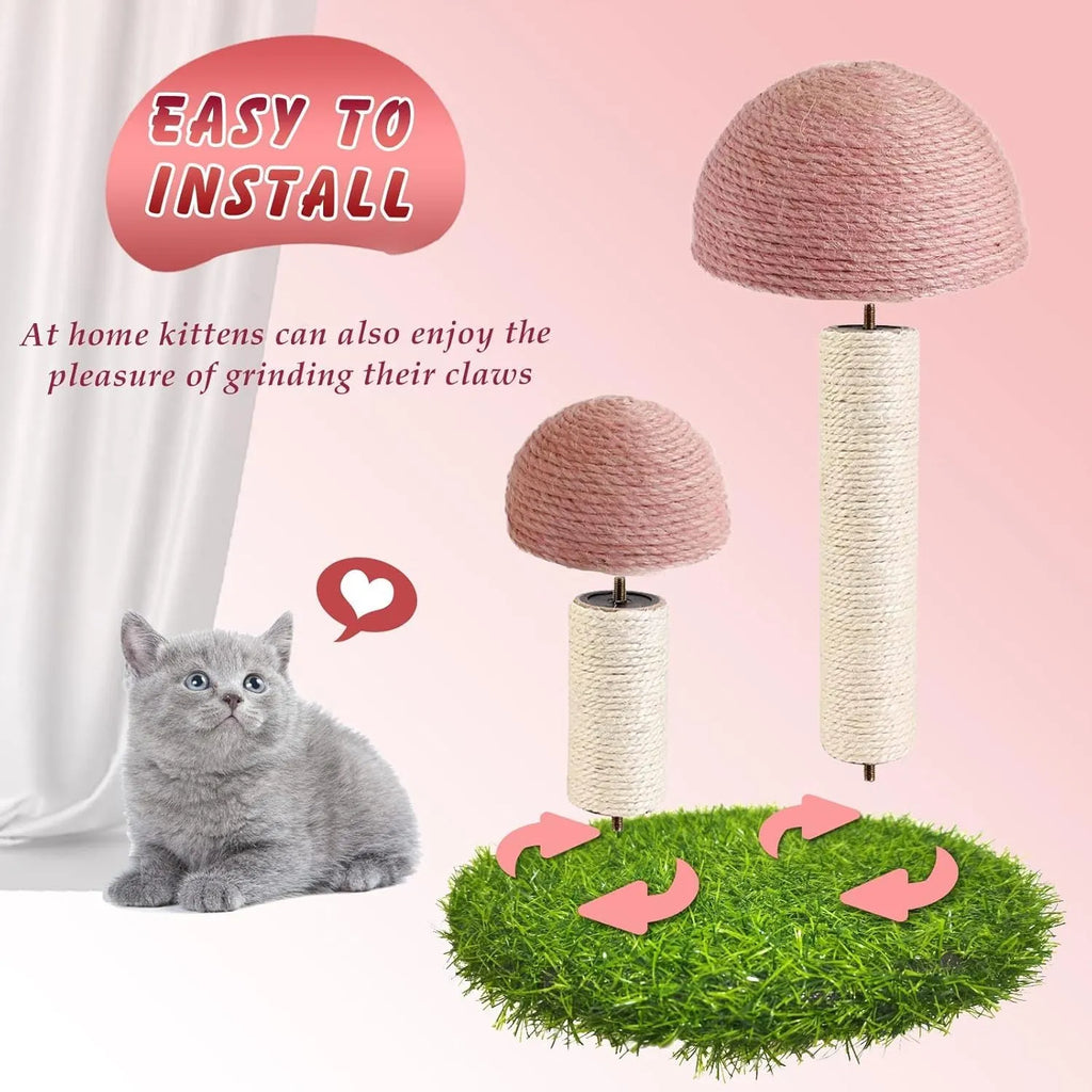 Pink mushroom-shaped cat scratching post with natural sisal caps for kittens