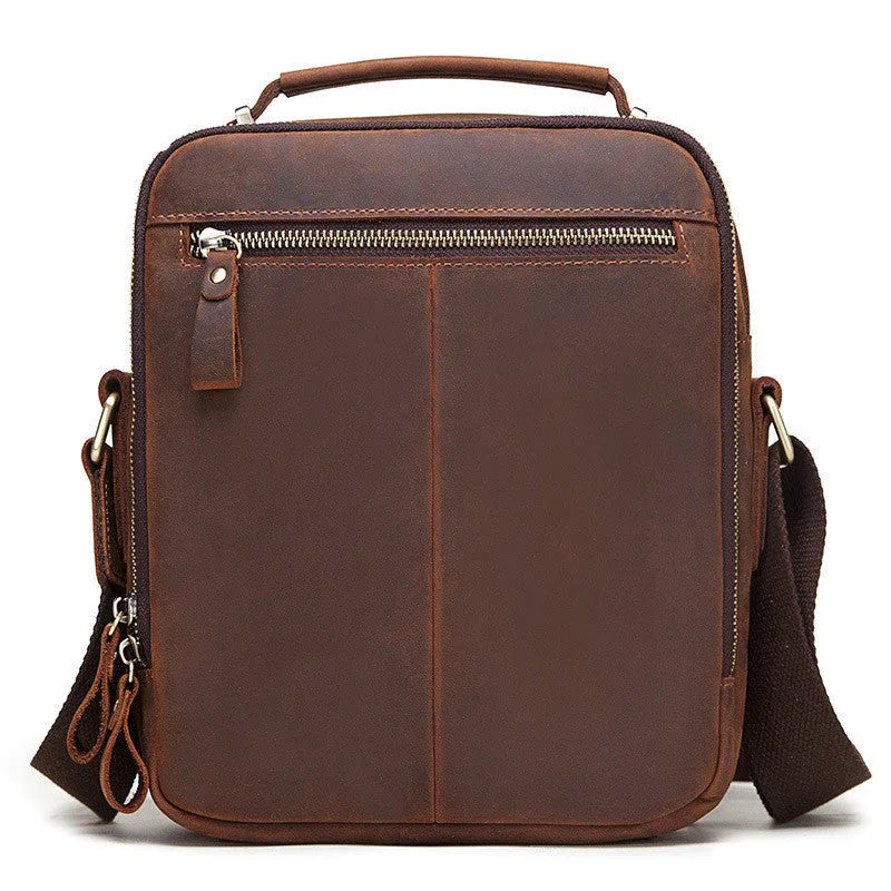 Men's brown Crazy Horse leather crossbody bag with single shoulder strap and sewing line detailing