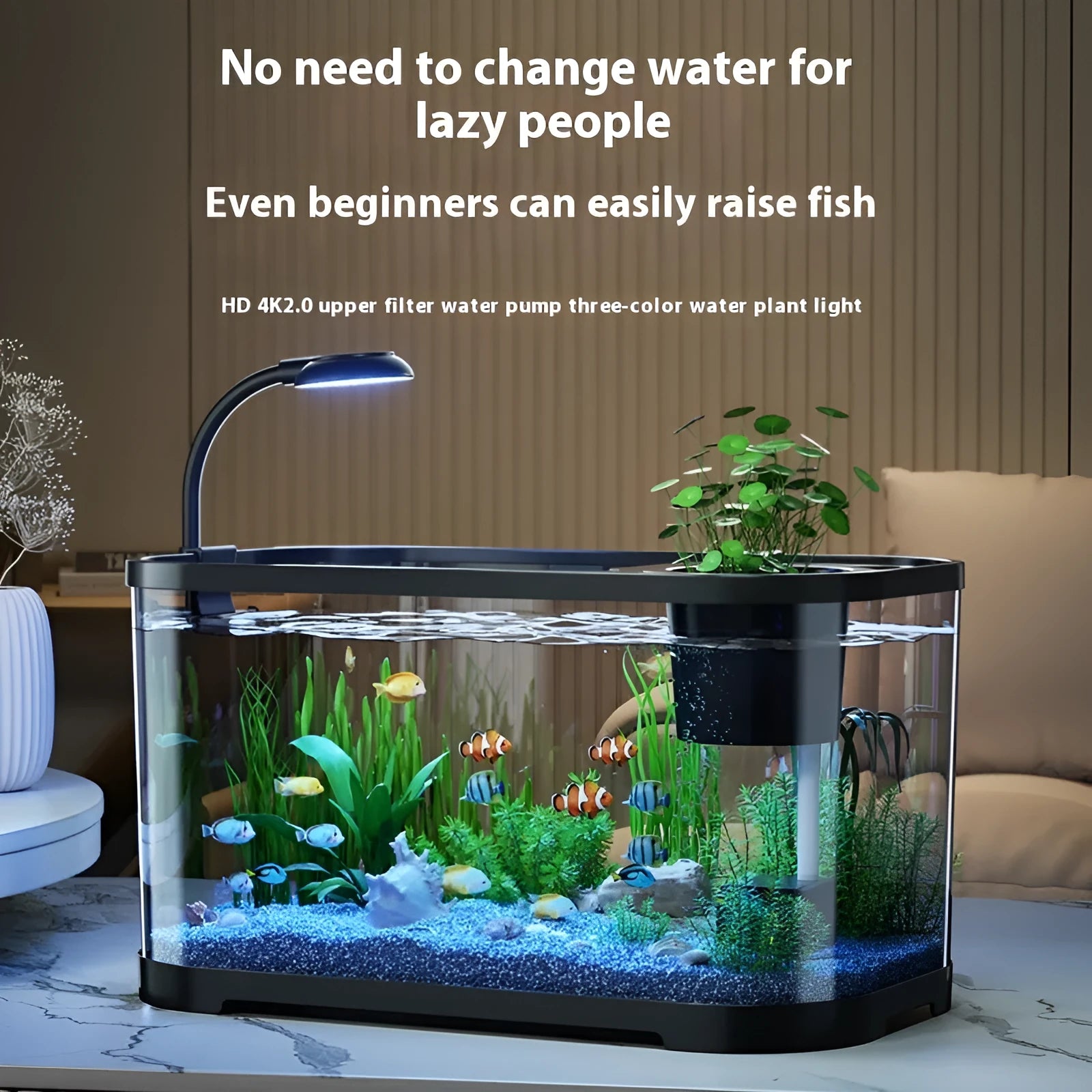 Desktop smart fish tank with integrated ecological filter system in luxury white colour
