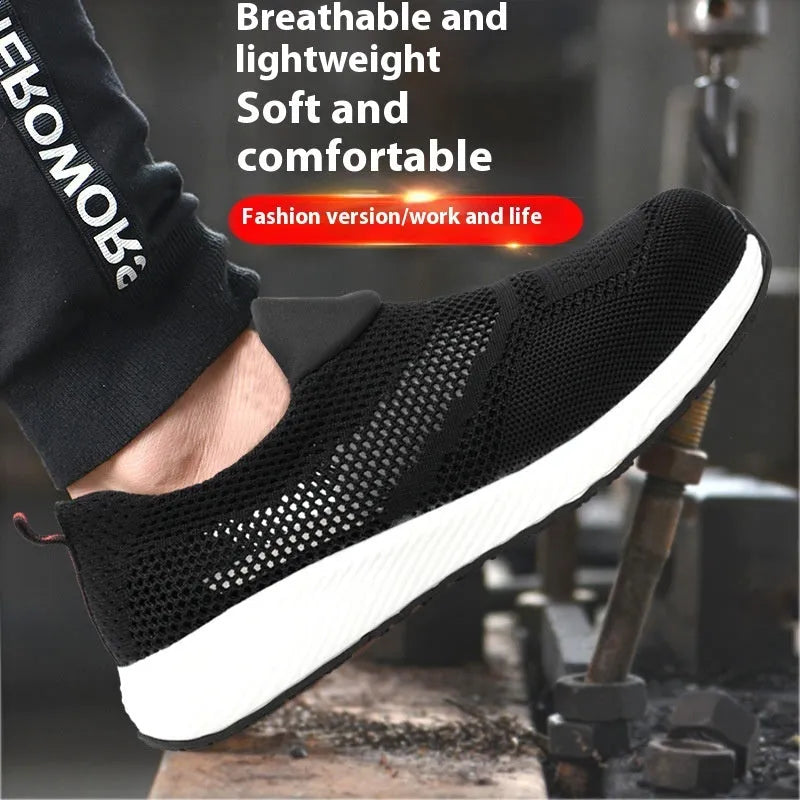Men's lightweight steel toe work shoes in black, blue or red colours with mesh upper