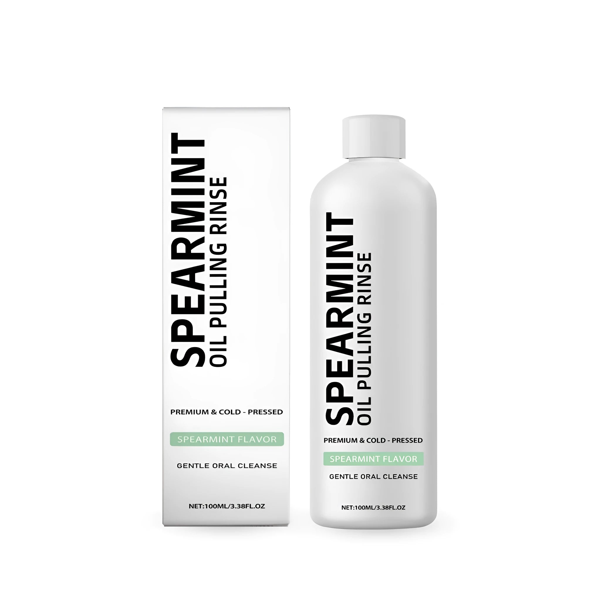100ml bottle of spearmint oil pulling mouthwash rinse with clove and peppermint oil.