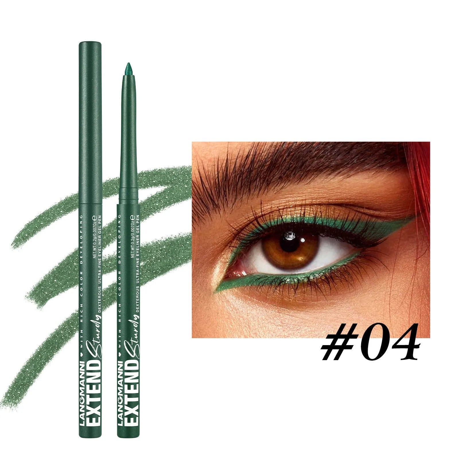 Set of 12 colourful gel glitter eyeliner pencils with various shades on white background