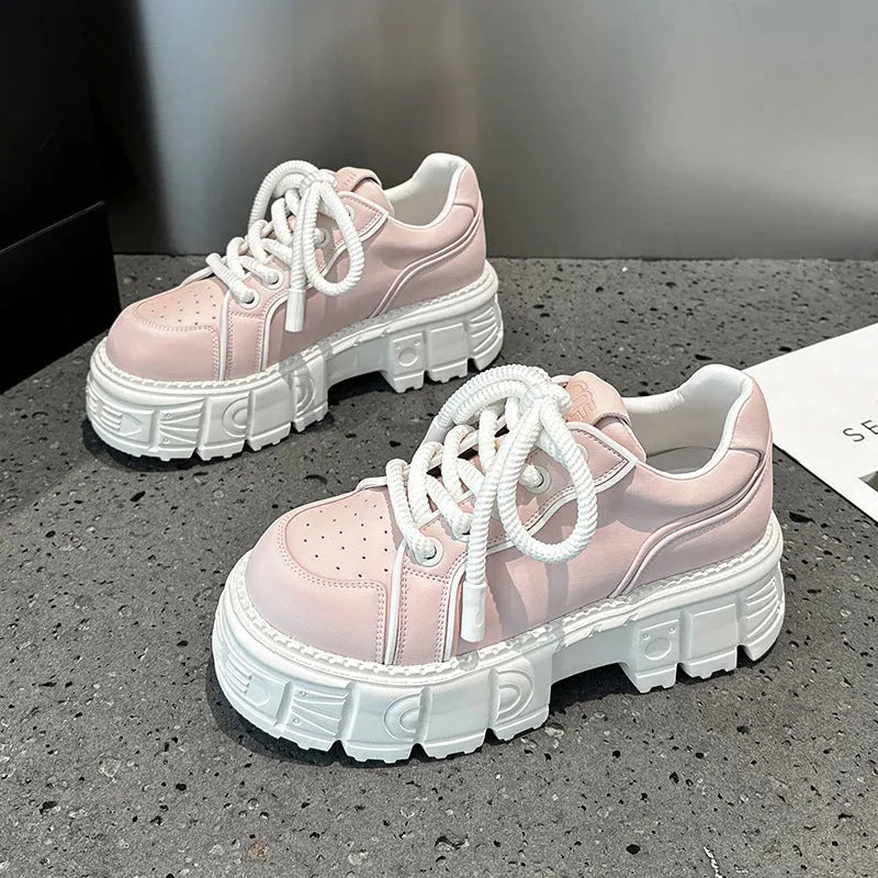 Women's casual leather shoes with spring muffin bottom design in beige or pink colours