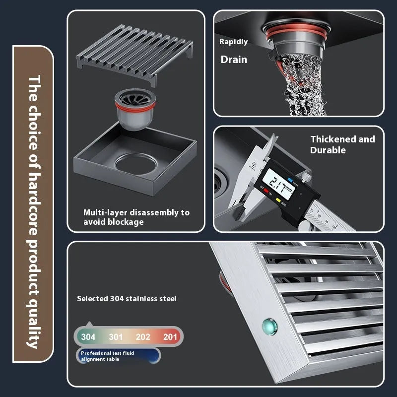 304 stainless steel courtyard floor drain with 15x15cm square grille in gun grey colour