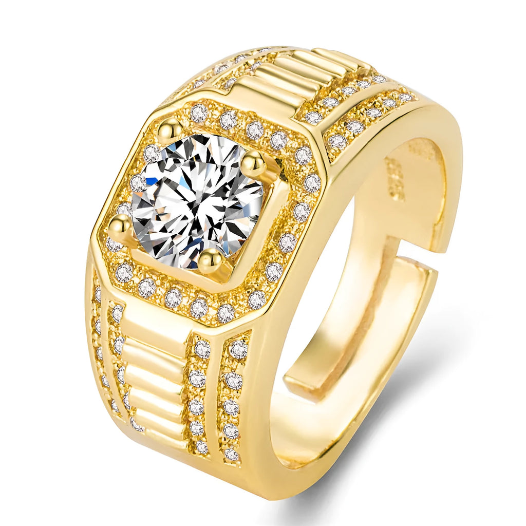 Large square diamond men's ring with adjustable opening in gold or platinum finish