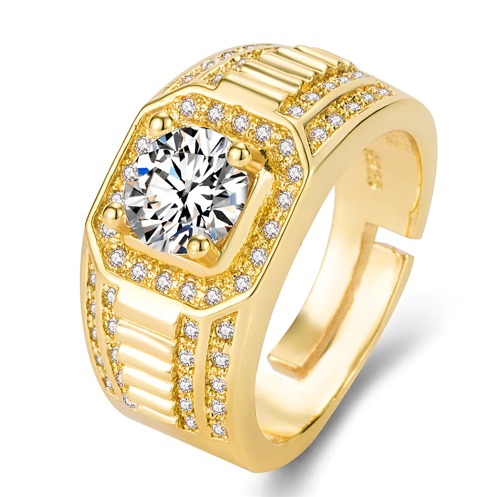 Large square diamond men's ring with adjustable opening in gold or platinum finish