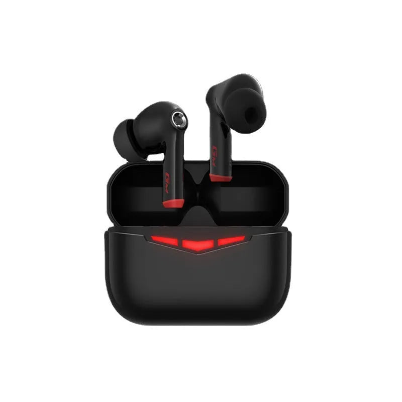 True wireless gaming earbuds in charging case with spare silicone tips.