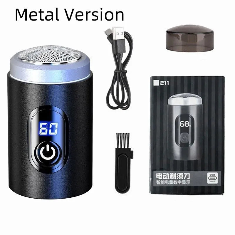 Black portable rechargeable shaver with USB charging cable and cleaning brush