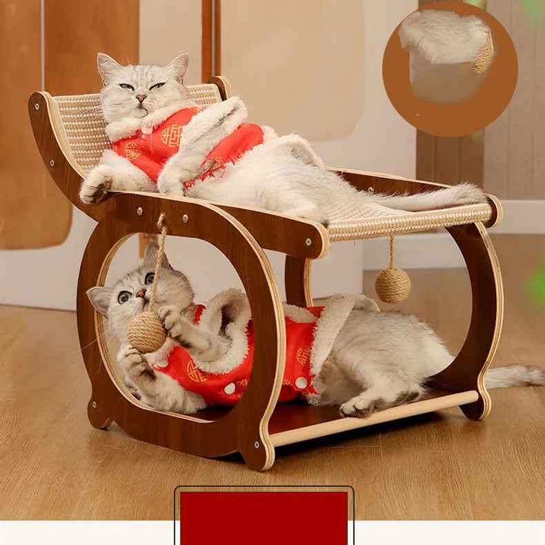 Solid wood sisal cat scratching mat bed in walnut colour with integrated lounger area