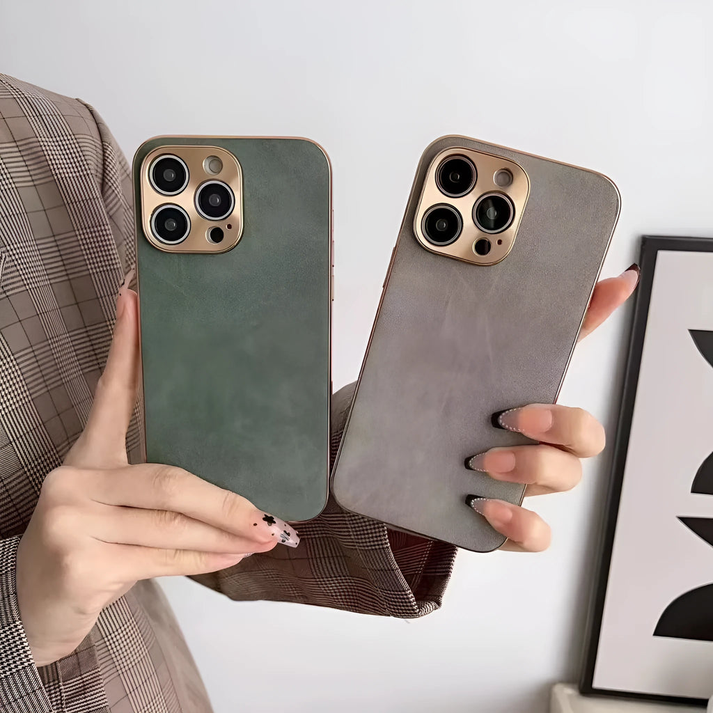 Leather texture TPU phone case for iPhone in grey, black, blue, and grey-green colours.
