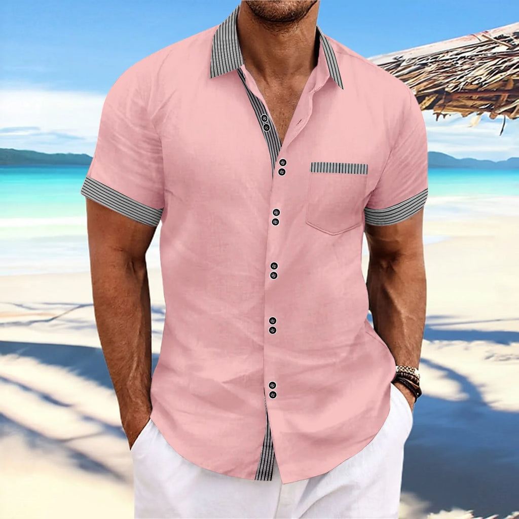 Men's striped short sleeve casual shirt in pure cotton with double buttons.