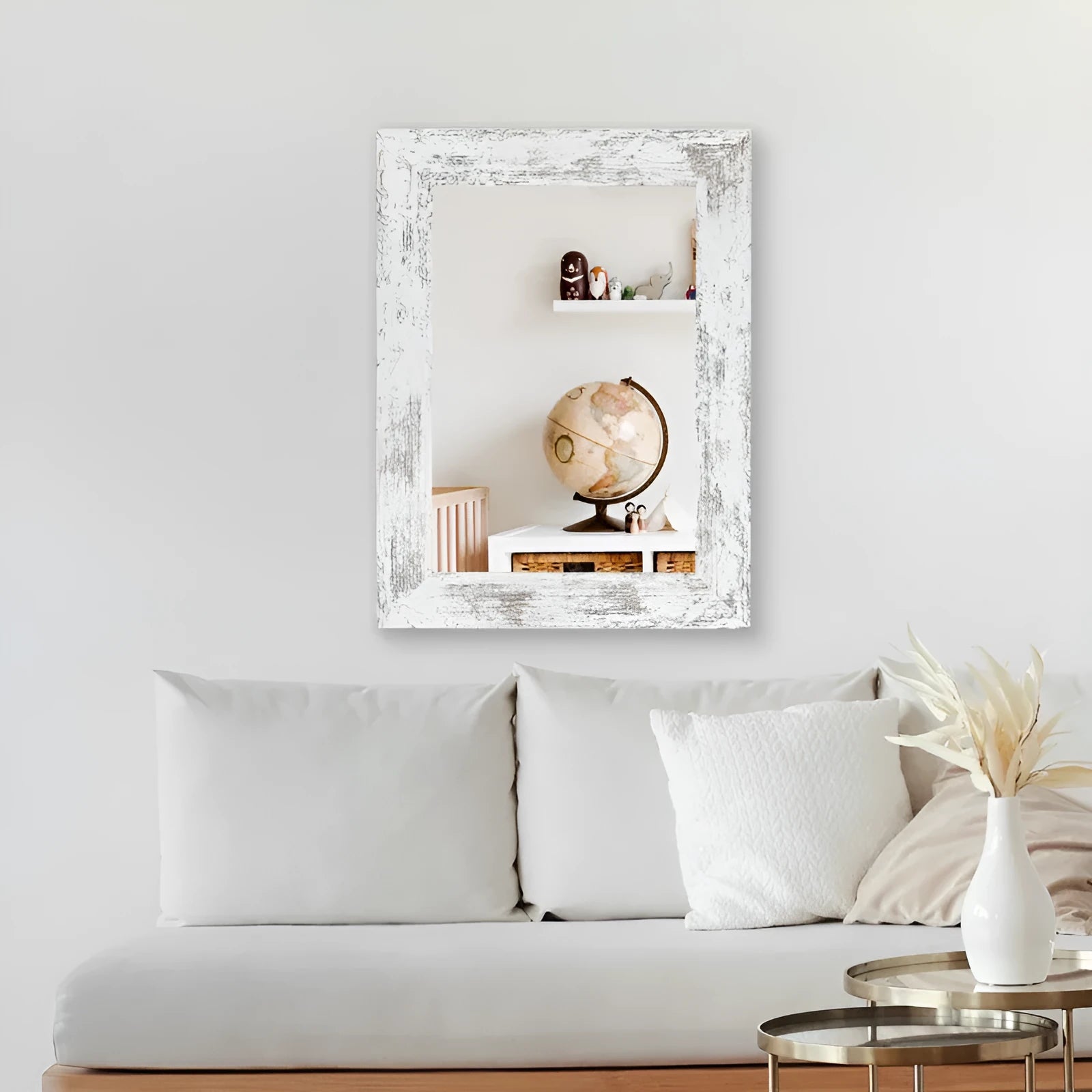 Little white wall-mounted bathroom mirror with retro Chinese style in modern pastoral design