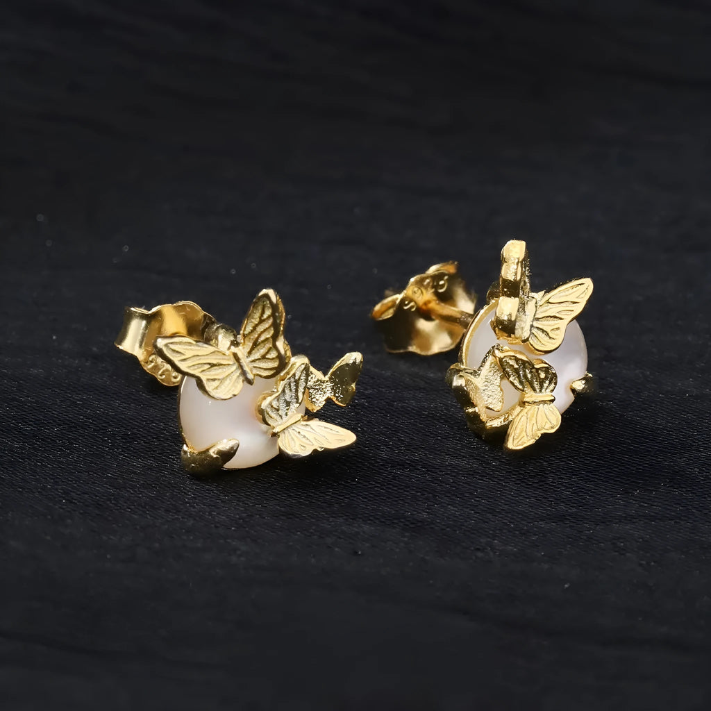 Butterfly ear studs in 925 sterling silver with electroplated white gold or gold colour finish