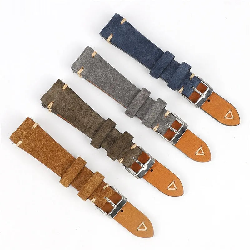 Suede genuine leather watch strap shown in brown, blue, grey, and Army Green colours for 20mm and 22mm watches.