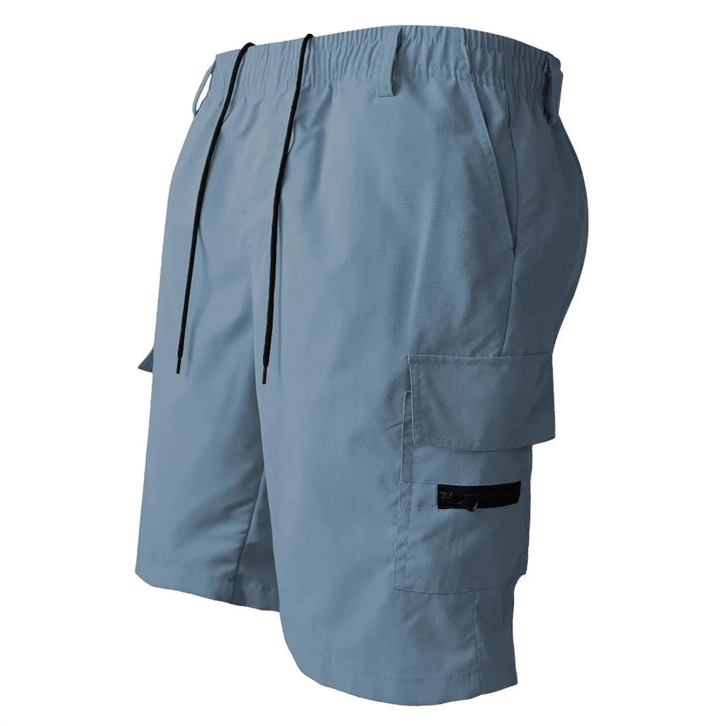 Men's black polyester straight-leg sports shorts with micro-elastic fabric on mannequin