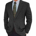 Men's brown herringbone pattern suit jacket with notch lapels and flax lining.