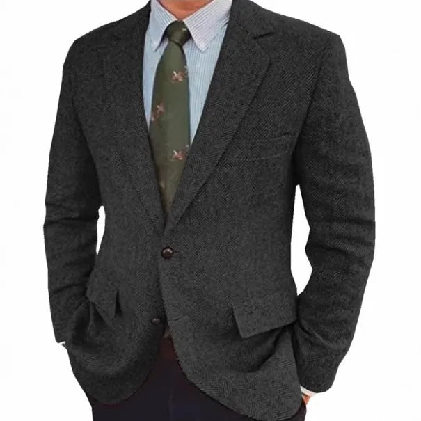 Men's brown herringbone pattern suit jacket with notch lapels and flax lining.