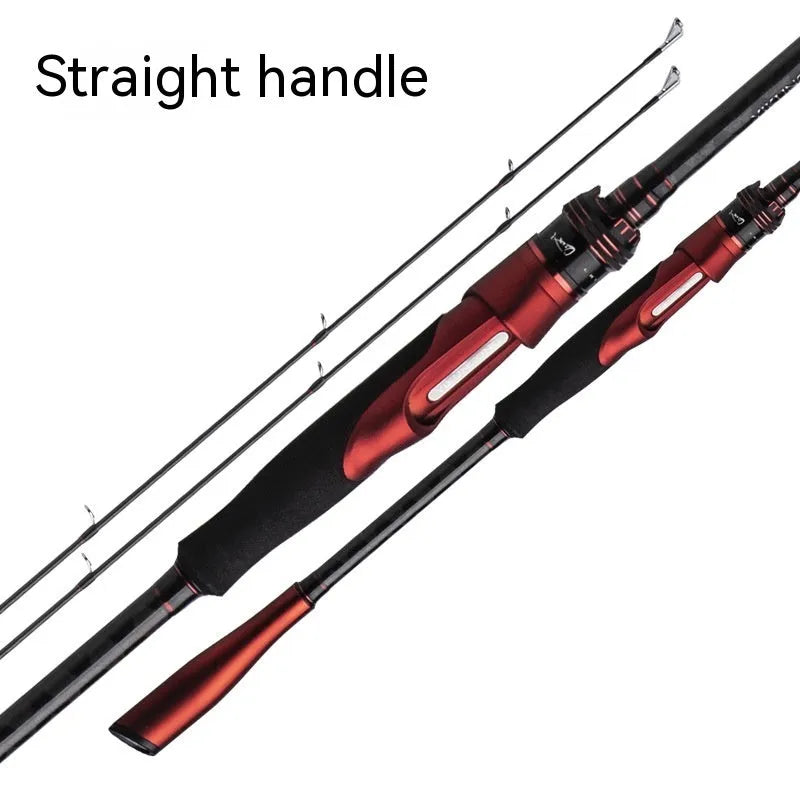 Carbon fishing rod with choice of straight handle or pikestaff style for light lure fishing.