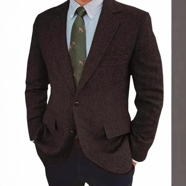 Men's brown herringbone pattern suit jacket with notch lapels and flax lining.
