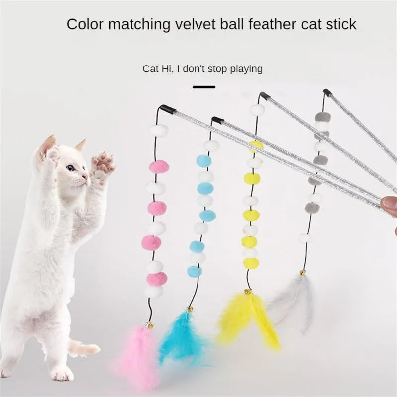 31cm long cat teaser toy rod with colourful pompon feather head and bell