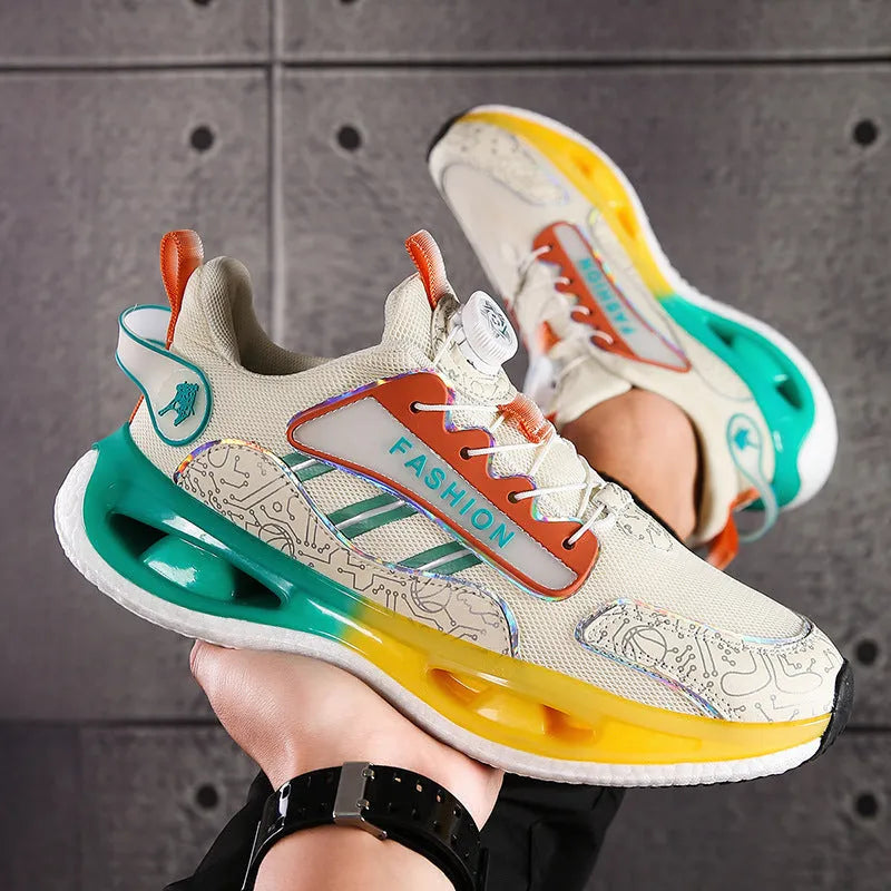 Men's low-top mesh sports shoes in beige orange, black, and white grey colour options with elastic band closure.