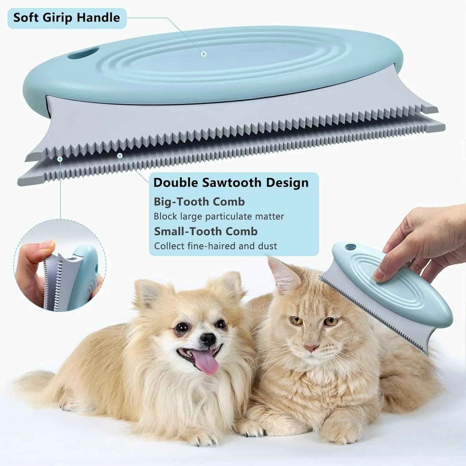 Three-piece pet hair remover set with metal tool, silicone brush, and round scraper on a beige fabric.