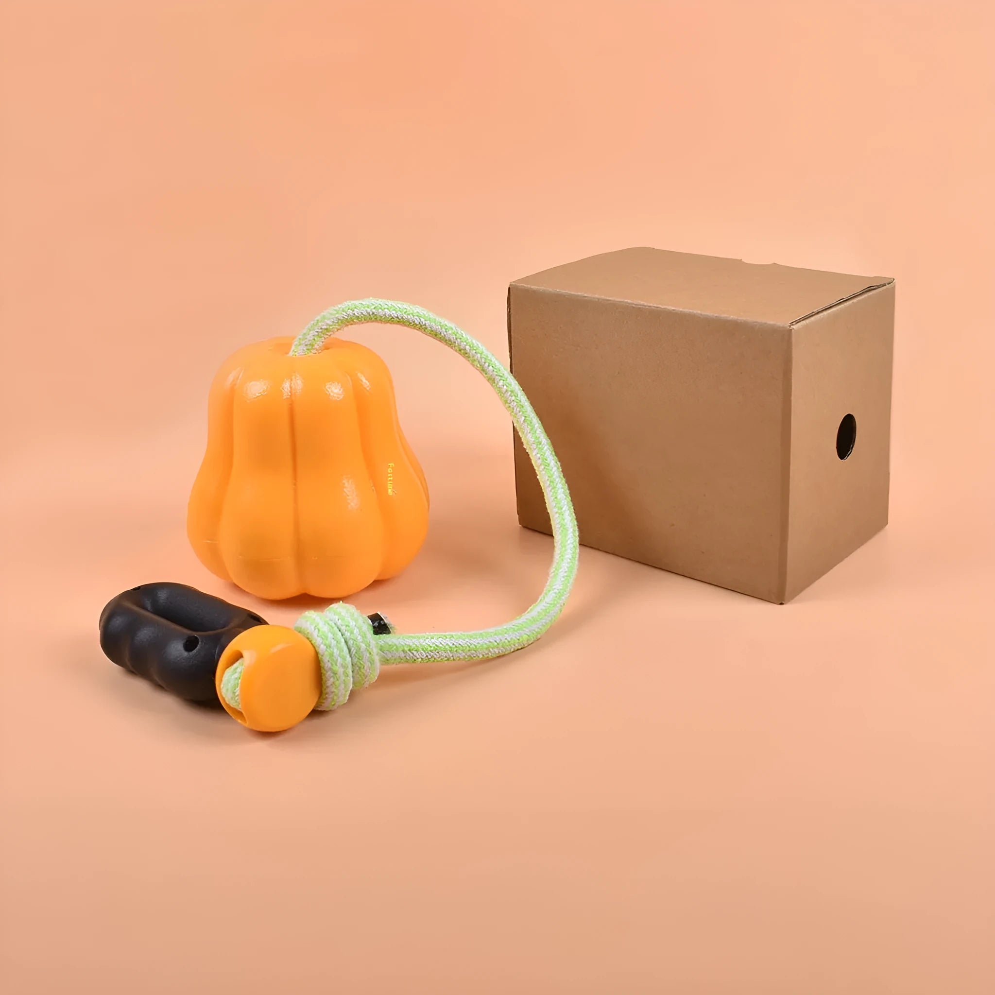Pumpkin coloured plastic molar dog toy with rope attachment for outdoor throwing