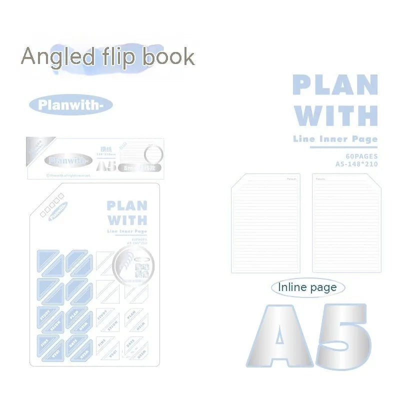 Oblique angle artsy ins style salt series student draft notebook showing A5 and B5 size options with white and blue cover designs.
