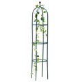 Dark green wrought iron plant climbing frame lattice standing on floor next to potted vine.