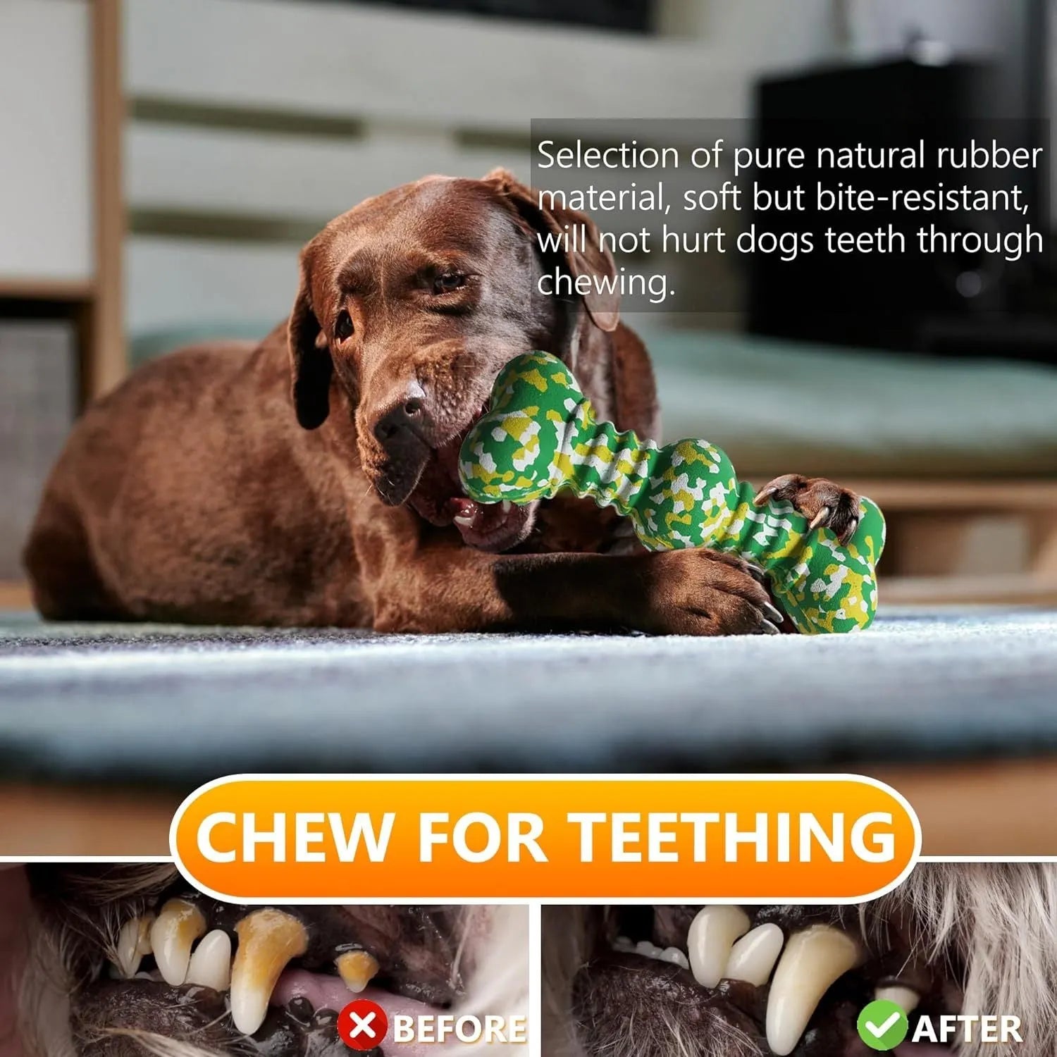 Green and white camouflage patterned natural rubber bone-shaped dog chew toy for large dogs on a wooden floor.