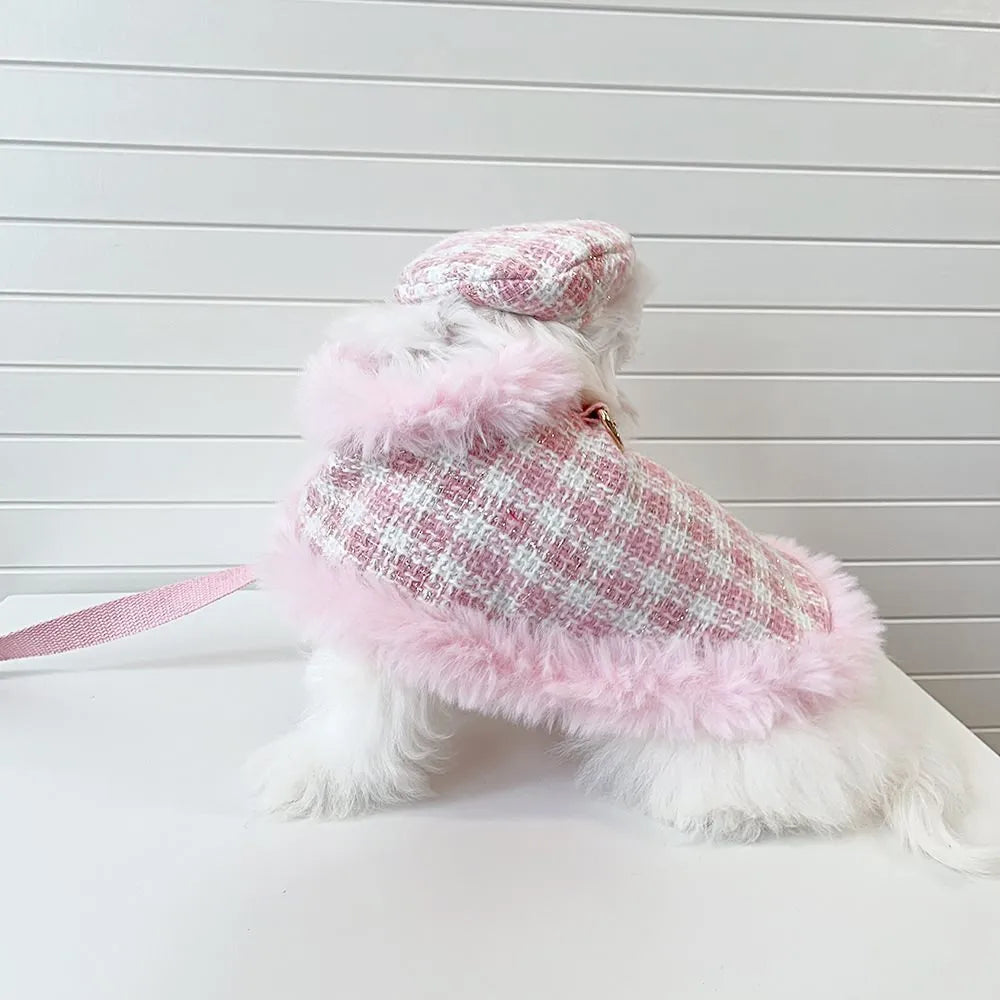 Pink polyester pet cloak set with beret and traction rope for small cats and dogs