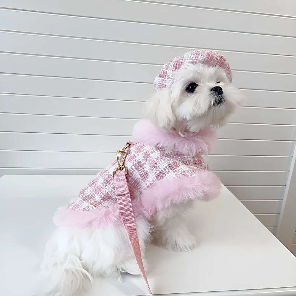Pink polyester pet cloak set with beret and traction rope for small cats and dogs