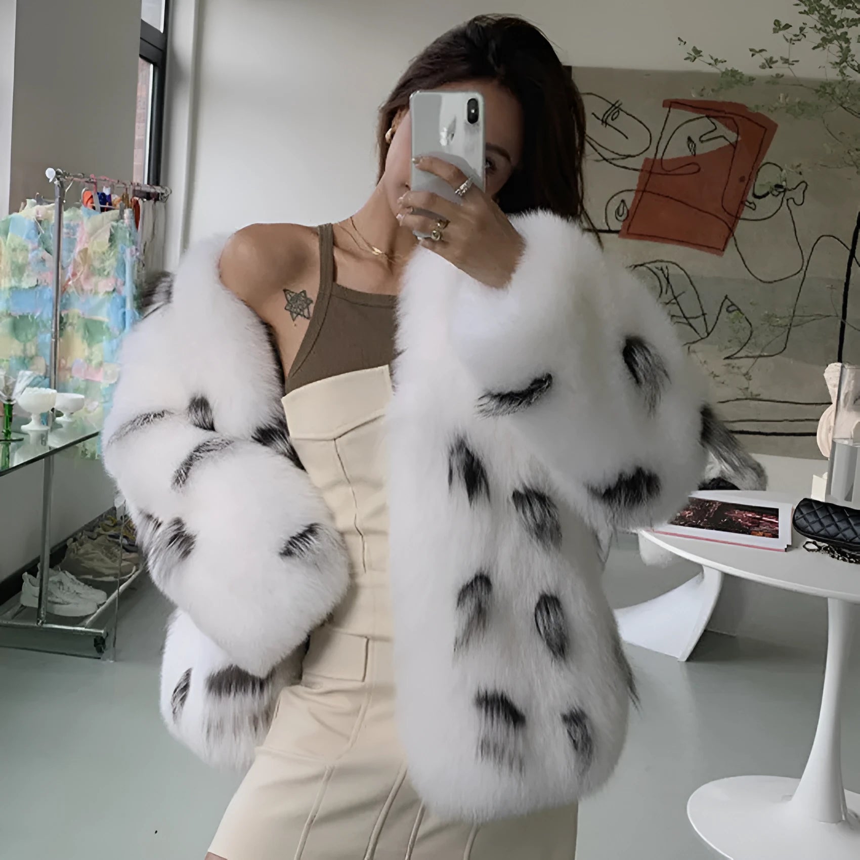 Women's black and white faux fur raccoon coat Korean street fashion plus size slim fit
