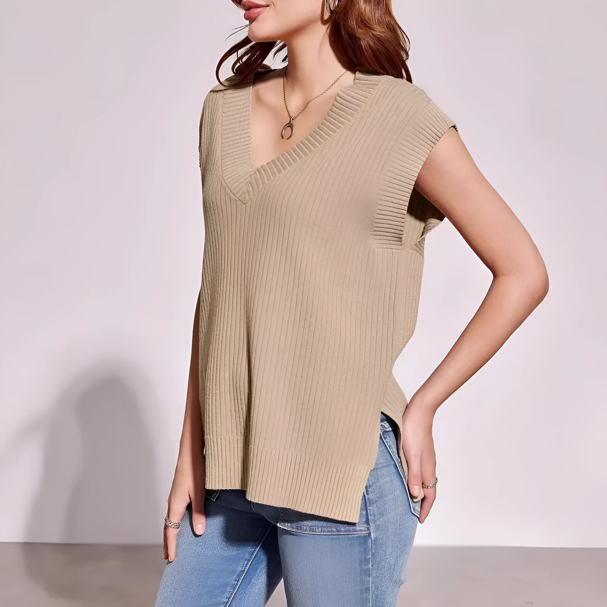 V-neck sleeveless loose pullover vest in camel or white colour with striped or plaid pattern