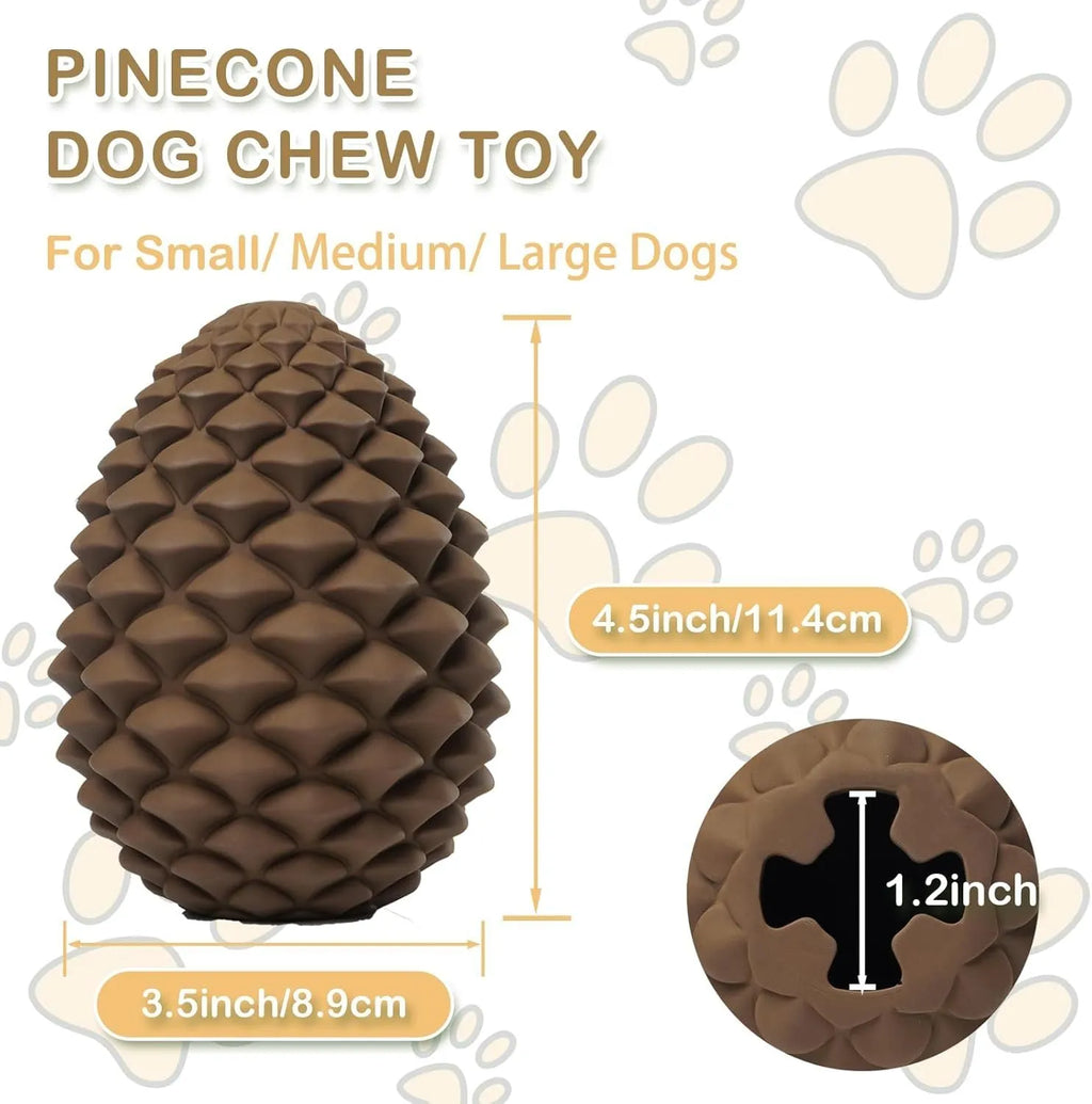 Yellow pine cone shaped natural rubber dog chew toy with treat dispenser hole.