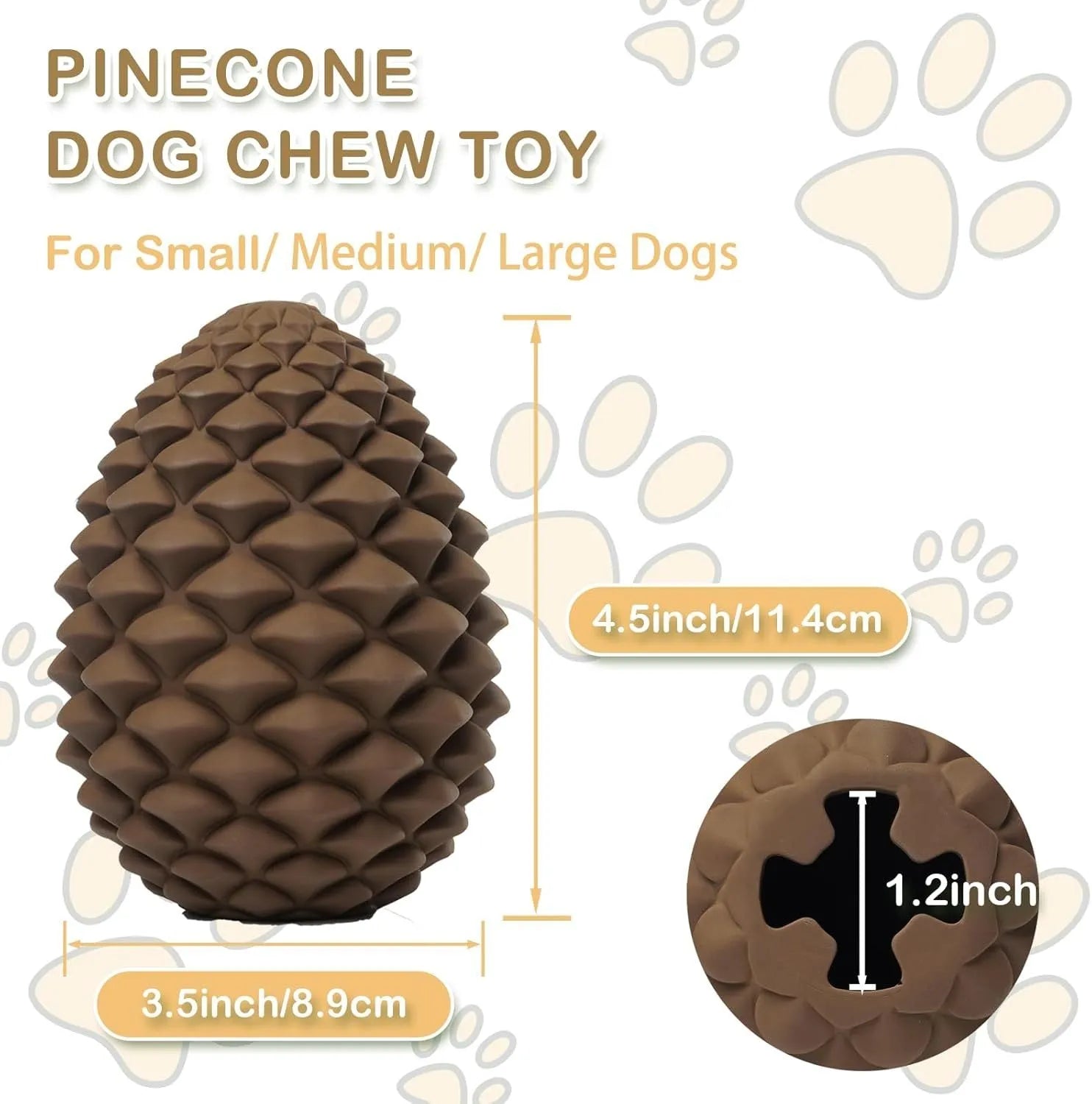 Yellow pine cone shaped natural rubber dog chew toy with treat dispenser hole.