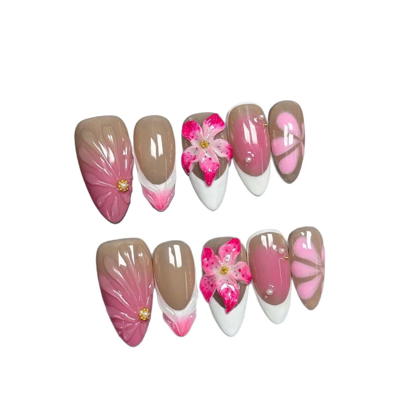 French style false nails with three-dimensional lily ice flower decoration in almond shape
