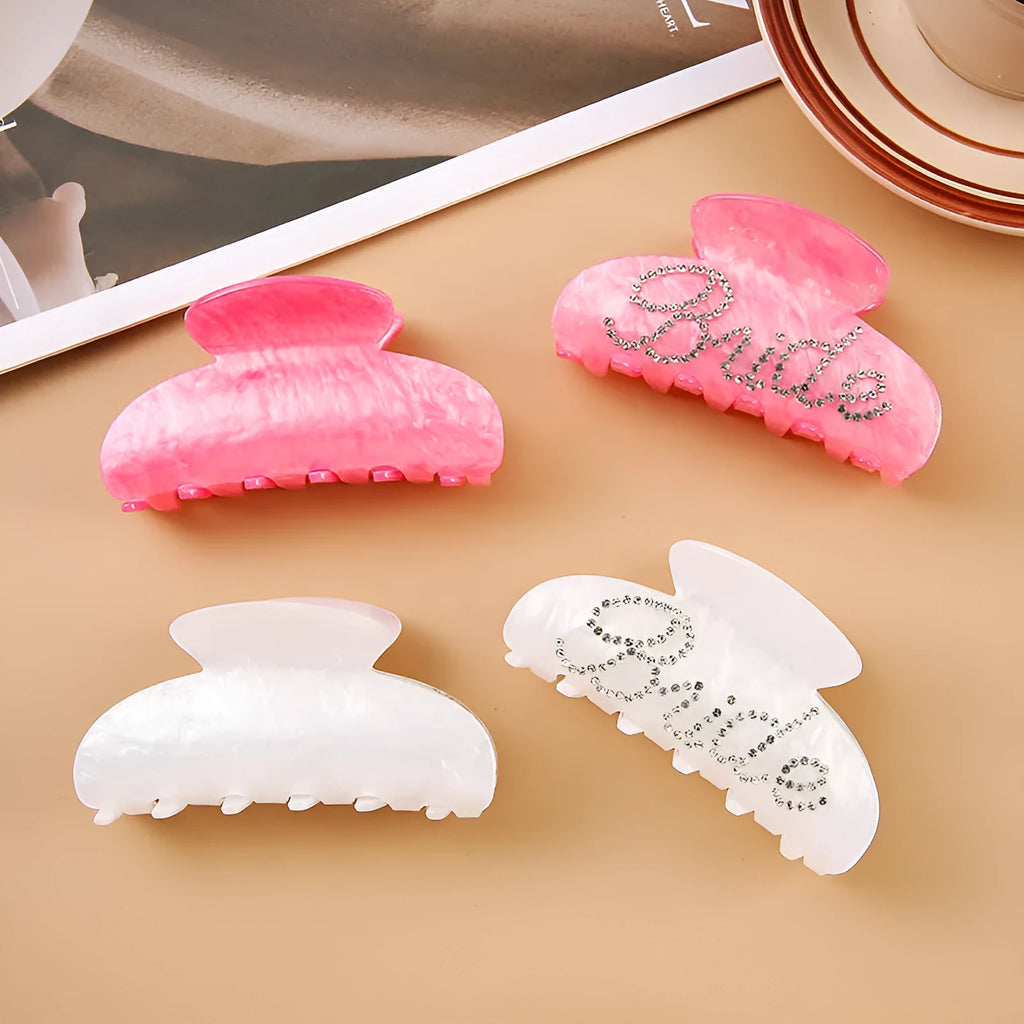 10cm pink and white acrylic hair clip with multi-diamond shower design and double-sided drilling