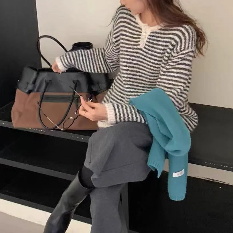 Women's striped cashmere pullover sweater with plaid pattern in red colour option