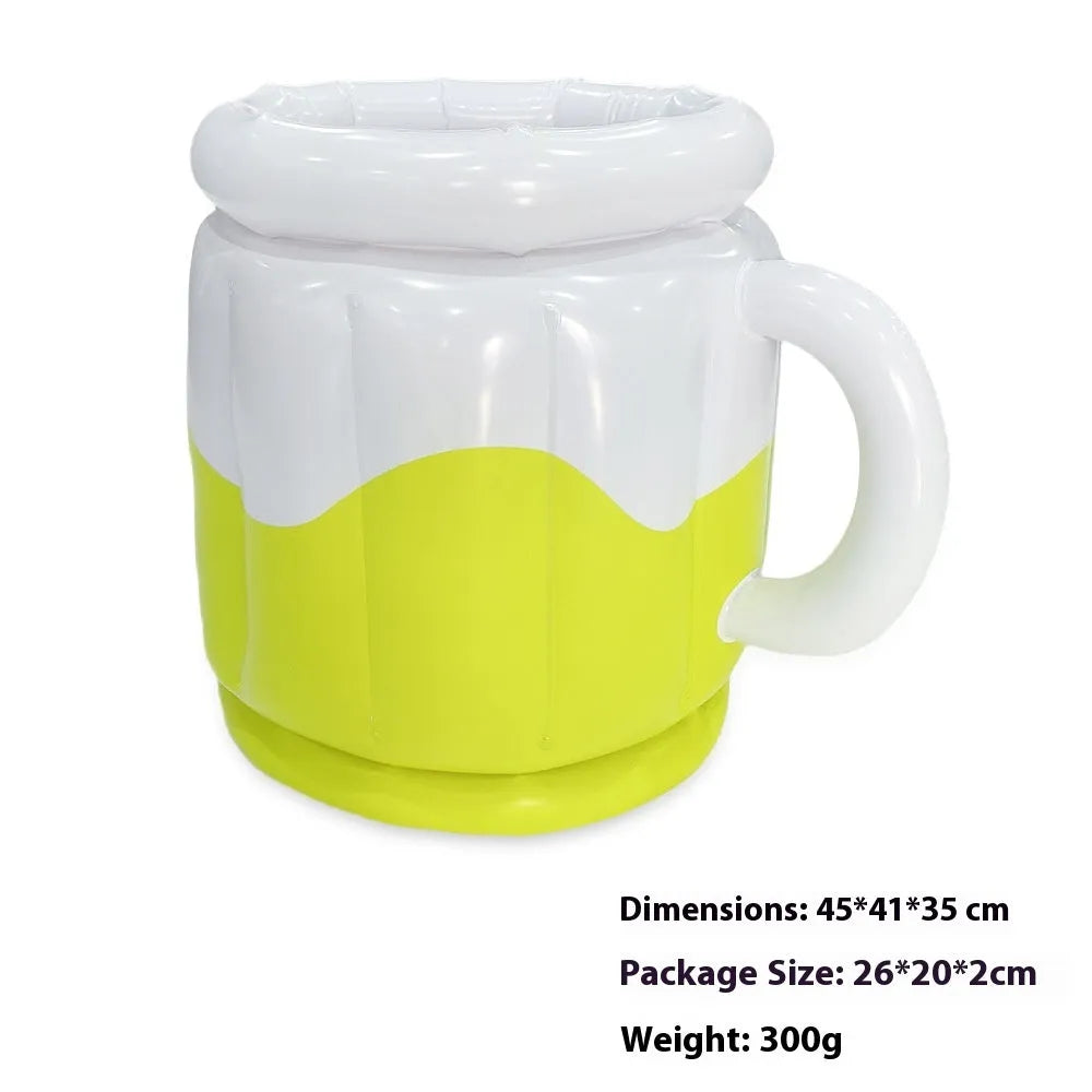 Yellow inflatable PVC ice bucket for chilling beers, shown inflated and ready for use.