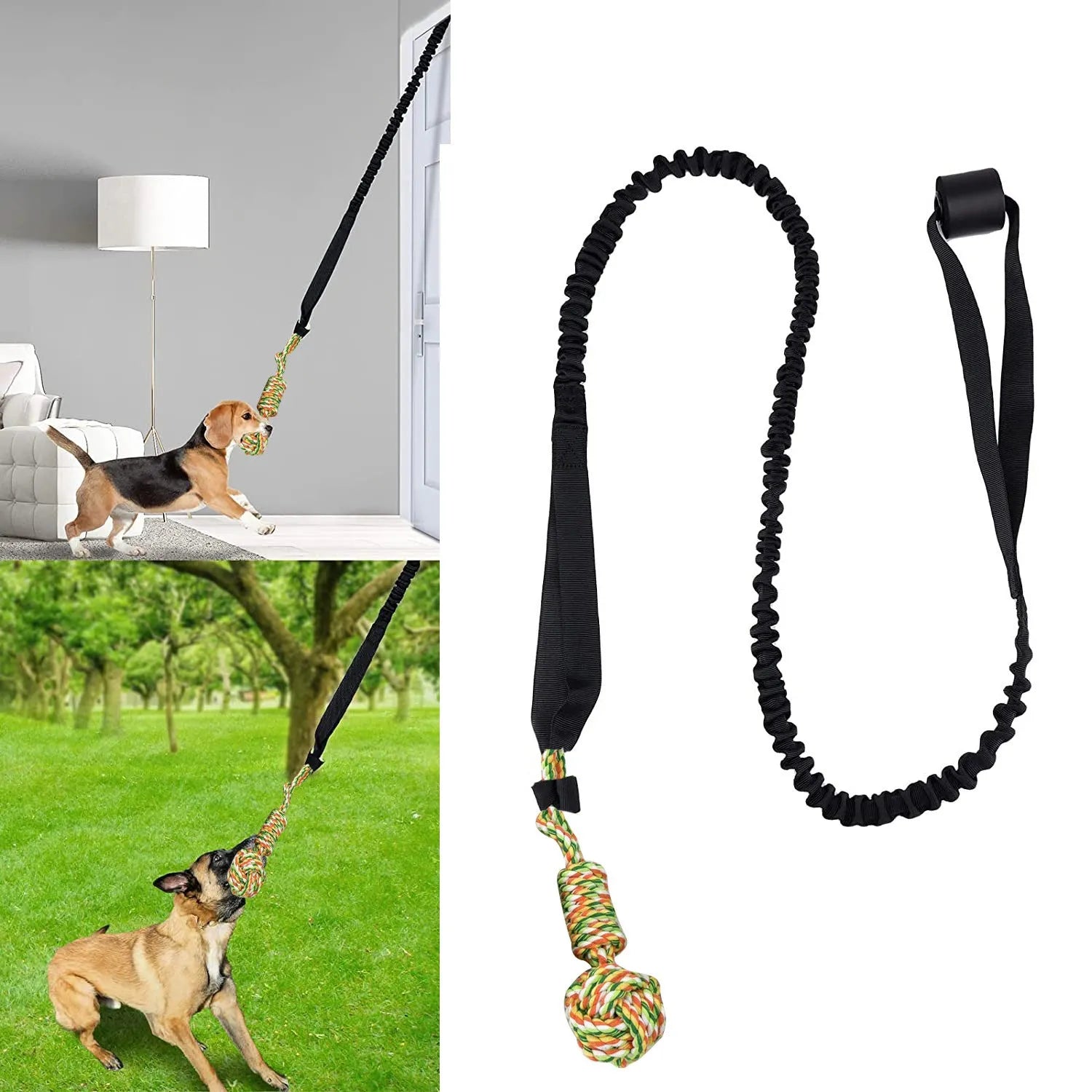 A durable cotton thread dog tug-of-war rope toy for chewing, shown in black, grey, and red colour options.