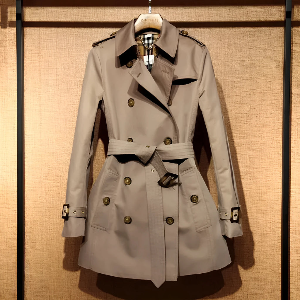 Women's khaki polyester trench coat with double-breasted front and flight sleeves